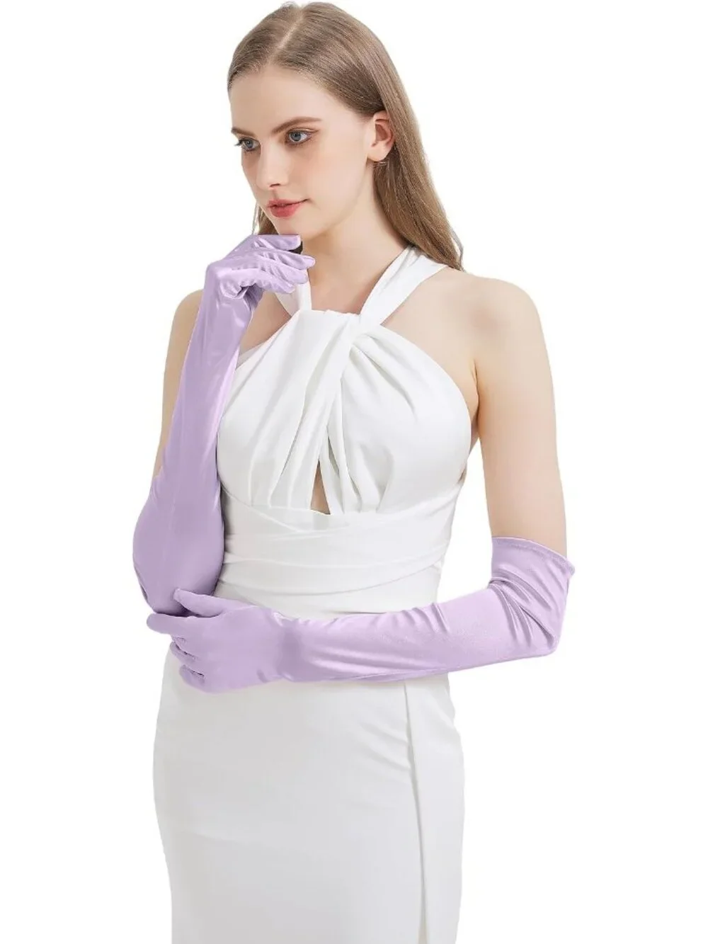 Women's Light Purple Satin Opera Elbow Length 1920s Flapper Long Gloves Party